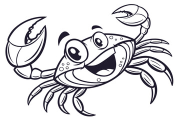 Cheerful monochrome cartoon crab waves one claw with a big smile on its face
