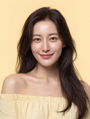 Korean Woman in Yellow Outfit Beauty Shoot, Makeup Editorial, Beauty Stock Photo, K-Beauty Style Portrait, Glamorous Korean Model in simple