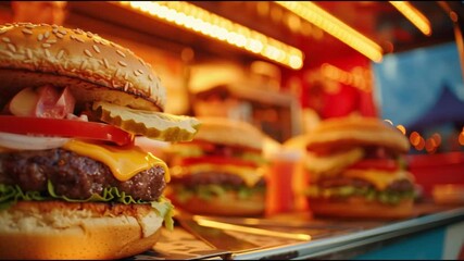 A juicy cheeseburger with lettuce, tomato, onion, pickles, and melted cheese is showcased at a brightly lit food truck