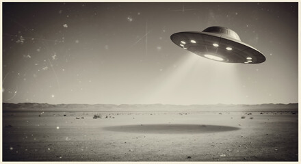 Vintage sepia photo of a UFO in the desert. Retro-style image of a flying saucer over a dry landscape with scratches and dust effects.