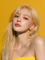 Korean Woman in Yellow Outfit Beauty Shoot, Makeup Editorial, Beauty Stock Photo, K-Beauty Style Portrait, Glamorous Korean Model in simple