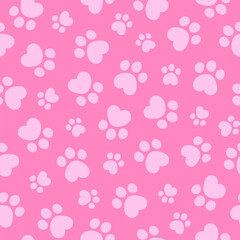Seamless pattern with cute paws cats or dogs. Hand drawn fun childish print. Monochrome print. Pink colors. Vector illustration