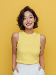Korean Woman in Yellow Outfit Beauty Shoot, Makeup Editorial, Beauty Stock Photo, K-Beauty Style Portrait, Glamorous Korean Model in simple
