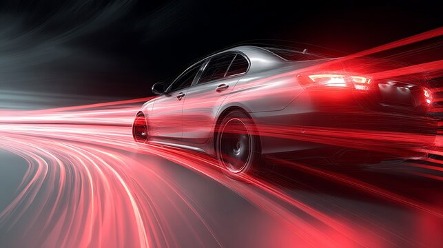 Silver Car with Red Light Trails