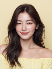 Korean Woman in Yellow Outfit Beauty Shoot, Makeup Editorial, Beauty Stock Photo, K-Beauty Style Portrait, Glamorous Korean Model in simple