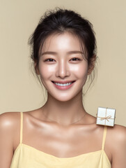 Korean Woman in Yellow Outfit Beauty Shoot, Makeup Editorial, Beauty Stock Photo, K-Beauty Style Portrait, Glamorous Korean Model in simple