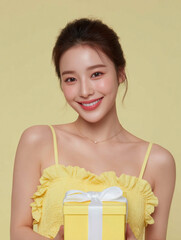 Korean Woman in Yellow Outfit Beauty Shoot, Makeup Editorial, Beauty Stock Photo, K-Beauty Style Portrait, Glamorous Korean Model in simple