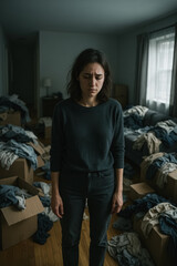 Young woman stands in cluttered apartment overwhelmed by piles of clothes and boxes, conveying stress and mental fatigue, generative AI