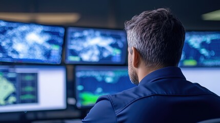 A man with gray hair monitors multiple digital screens displaying data and maps in a dimly lit control room, suggesting cybersecurity or network monitoring.