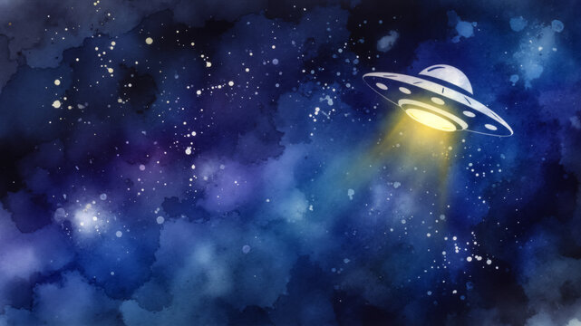 Watercolor background of a UFO in a nebula. Artistic painting of a flying saucer in a blue and purple galaxy with copy space. - Powered by Adobe
