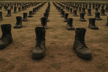 Rows of worn military boots stand on a grassy field a poignant tribute memorializing fallen soldiers