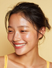 Korean Woman in Yellow Outfit Beauty Shoot, Makeup Editorial, Beauty Stock Photo, K-Beauty Style Portrait, Glamorous Korean Model in simple