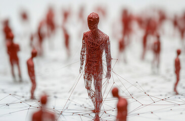 A solitary figure amidst a crowd, interconnected by a network