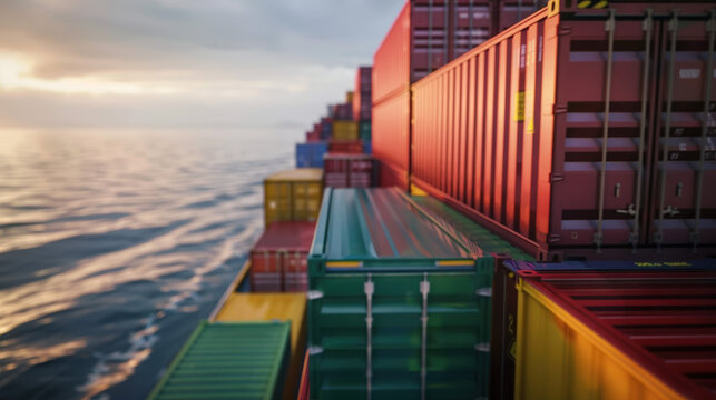 Stacked shipping containers at busy port with cranes, global logistics and supply chain transportation concept, international trade and cargo import export business