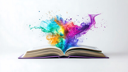 An open book releasing vibrant, colorful smoke against a white background
