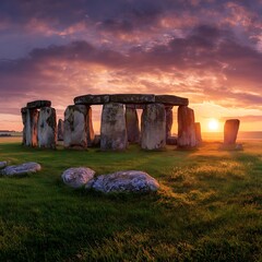 Stonehenge panorama at sunrise in England .