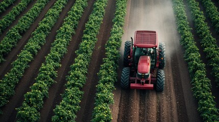 A bright red tractor plows through lush green vineyard rows, embodying the hard work and dedication of agriculture, highlighting the vital connection between humans and nature.