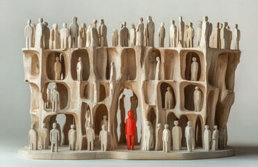 A solitary figure amidst a crowd, nestled within a carved structure
