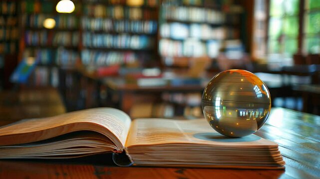 A globe sits on top of an open book. The globe is on a table in a library