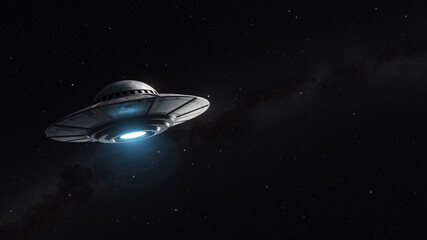 UFO flying through space. 3D render of a flying saucer in a starry sky with copy space.