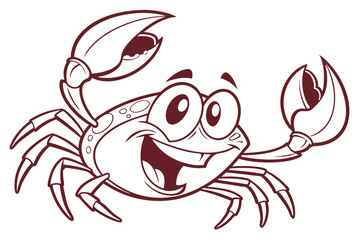 Cheerful cartoon crab with big smile and claws is isolated on white