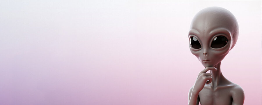 Thinking alien on a pink background. Panoramic banner with a 3D character in a thoughtful pose and copy space.