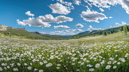 Expansive field of wildflowers under a vast, cloudy sky.