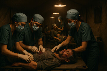 Dramatic wartime surgery scene depicting doctors in scrubs tending to a wounded soldier inside a dimly lit field hospital.