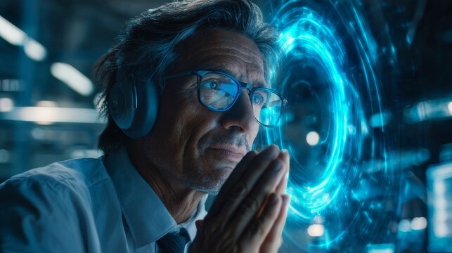 Thoughtful middle-aged man with graying hair wearing a light shirt and tie, using over-ear headphones, clasping hands, beside vibrant blue holographic interface