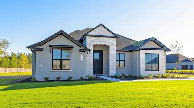 Real estate home tour of modern single family house with large windows manicured lawn and contemporary architecture in residential neighborhood