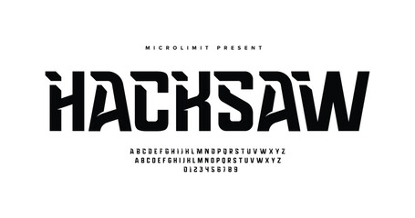 Naklejka na ściany i meble Hacksaw: futuristic and edgy display font featuring A to Z alphabet. Perfect for tech themes, digital posters, and sci-fi projects. Vector letter design in a bold, modern style.