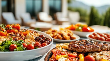 Delicious outdoor barbecue feast set in a cozy modern backyard with a scenic residential home in the background  A variety of grilled meats vegetables