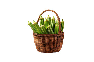 Fresh Okra in Brown Wicker Basket Isolated Vegetable Produce Green Transparent Background