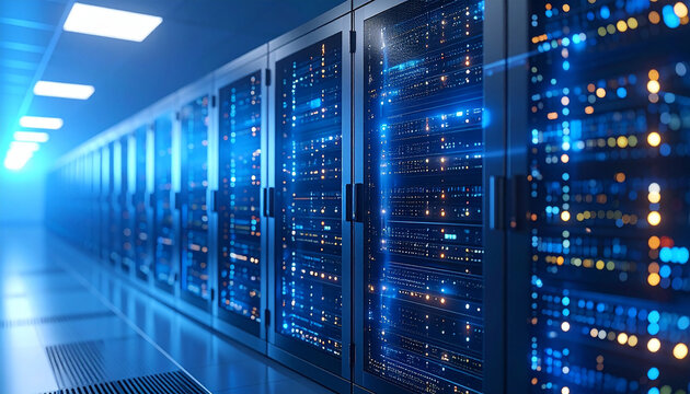 Data Center Infrastructure: A cutting-edge data center, a symbol of the digital age, pulses with vibrant blue light, the racks filled with servers in a futuristic perspective.
