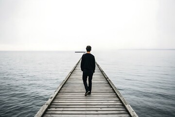 A person walks on a wooden pier towards the horizon on a cloudy day over the calm water surface