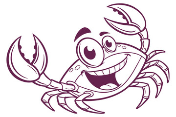 Outlined cartoon crab cheerfully gestures with its claws, featuring a playful, outlined appearance