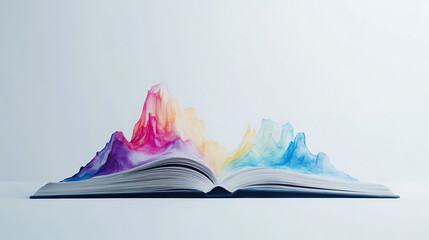 An open book with pages folded to create a colorful, mountain-like structure against a white background
