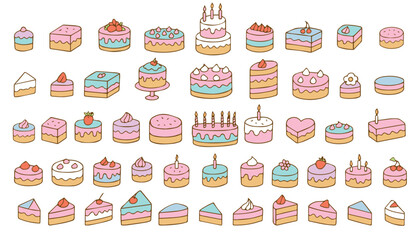 Set of colorful bright cakes, cupcakes. Doodle style. Colorful cakes for International Cake Day and birthday. Vector illustration on white background. Vector 