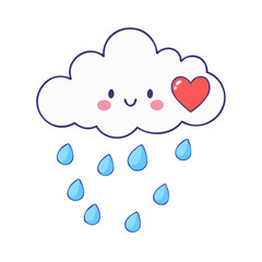 Vector icon of a cute cloud with a heart and raindrops, symbolizing weather, love, and romantic rain concept. Isolated on a transparent background