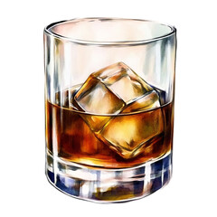 glass of whiskey watercolor isolated on transparent  white background in PNG format.