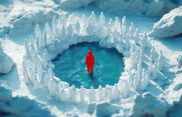 A solitary figure in a vast crowd, surrounded by a circular body of water