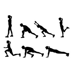 Workout Silhouette: A silhouette illustration showcases a sequence of dynamic exercises performed by individuals. the image embodies healthy habits and physical fitness.