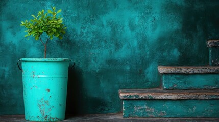 Obraz premium A striking contrast of a vibrant green plant thriving in a rustic turquoise container against a textured wall, representing growth and resilience in a charming setting.