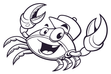 Cheerful monochrome cartoon crab character with sailor cap and big claws smiles broadly