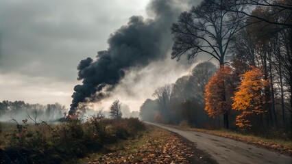 Black smoke rising from burning leaves — natural chaos, moody daylight