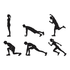 Athlete Silhouette Exercise Series: Dynamic silhouette sequence of a person showcasing a variety of exercises, capturing the essence of fitness.