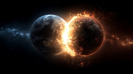 Two planets colliding creating fire and destruction in space. .