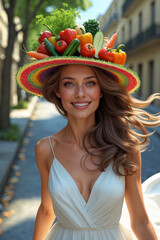 beautiful woman vegan or vegetarin with hat full of vegetables, healthy summer eating concept 