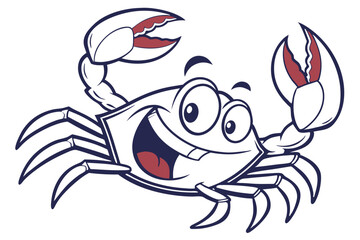 Joyful crab smiles broadly displaying its claws, with simple coloring on a white surface