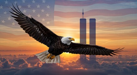 Fourth of July American Bald Eagle Soaring Above Twin Towers Sunrise American National Symbol Bald Eagle